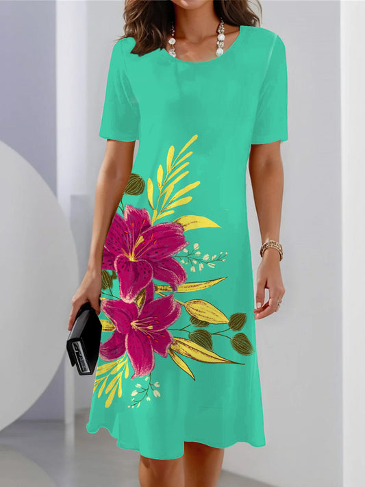 Flower Print Short Sleeve Crew Neck Dress