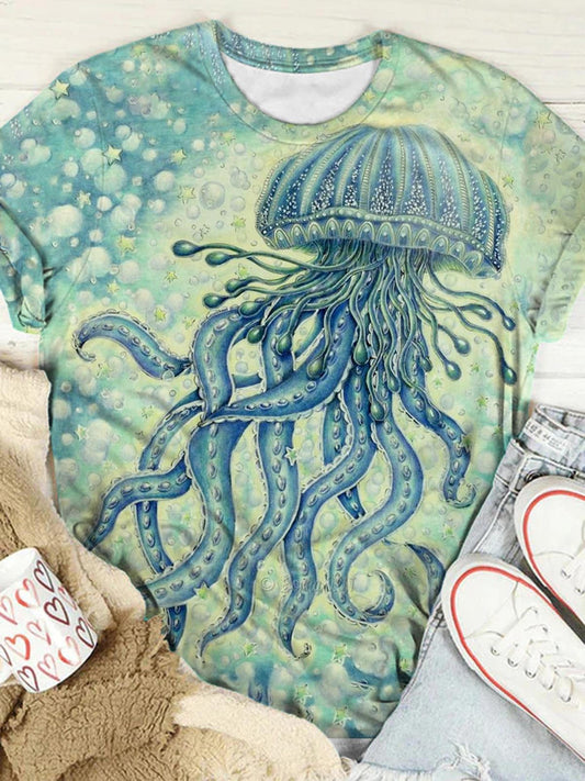 Watercolor Jellyfish Print rew Neck T-Shirt