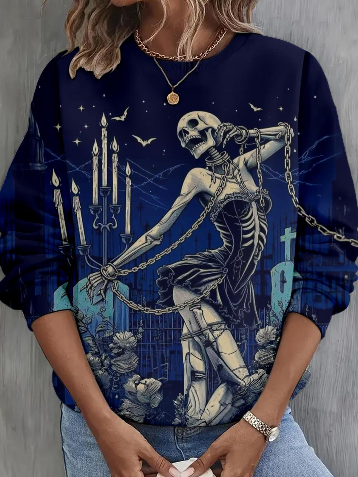 Dancing Skeleton Lady Long Sleeve Casual Top