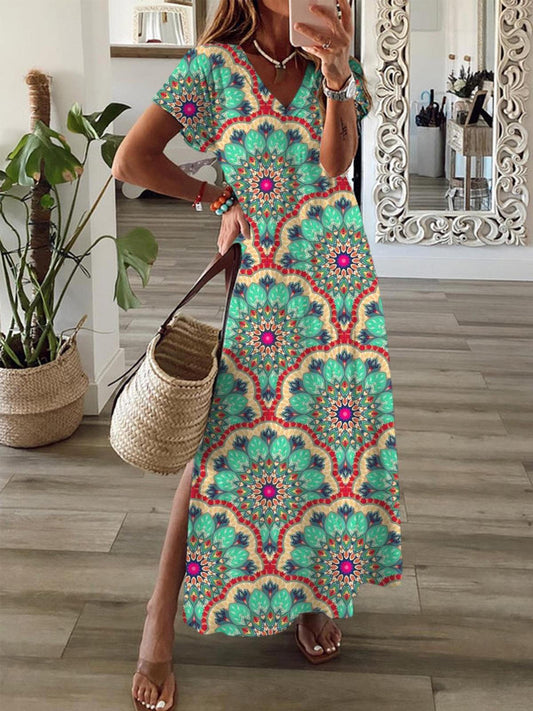 Vintage Abstract Flower Short Sleeve V Neck Maxi Dress