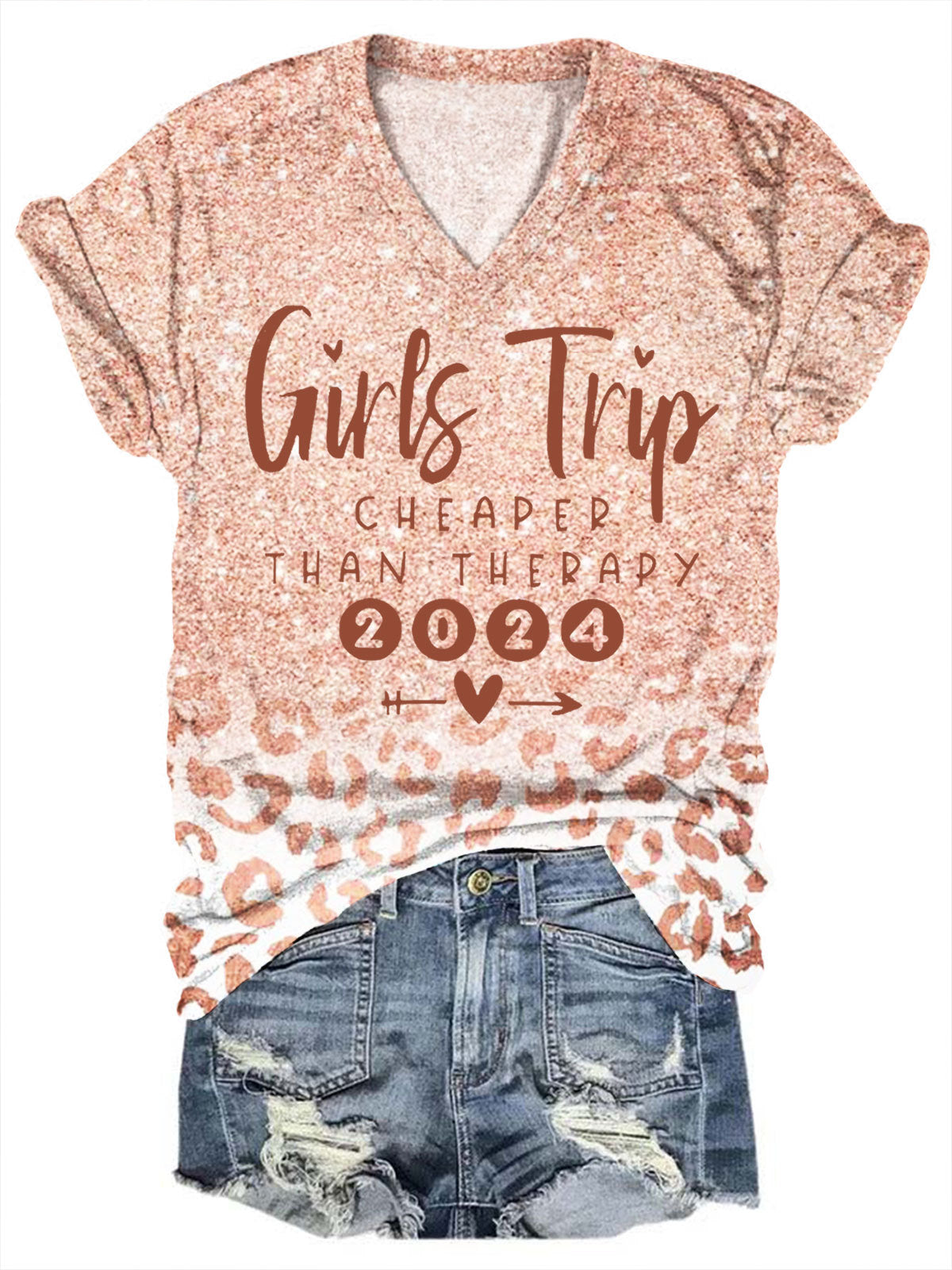 Girls Trip Cheaper Than Therapy 2024 Leopard Glitter Print V-Neck Top