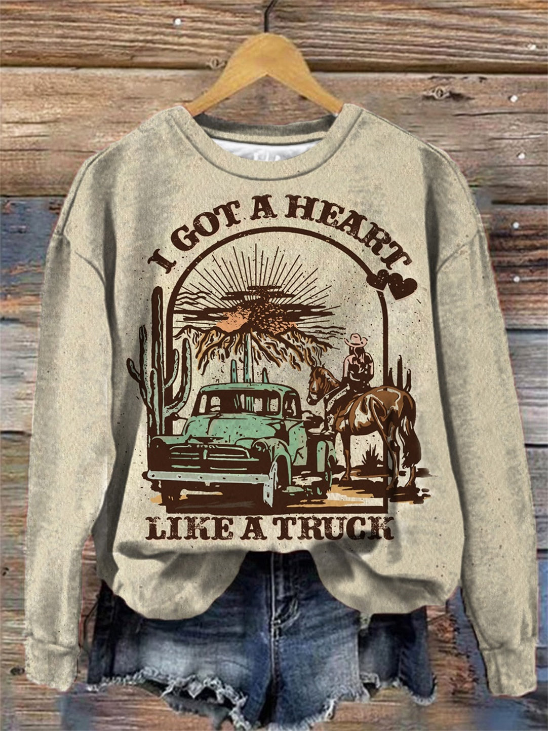 I Got A Heart Like A Truck Print Round Neck Long Sleeve Top