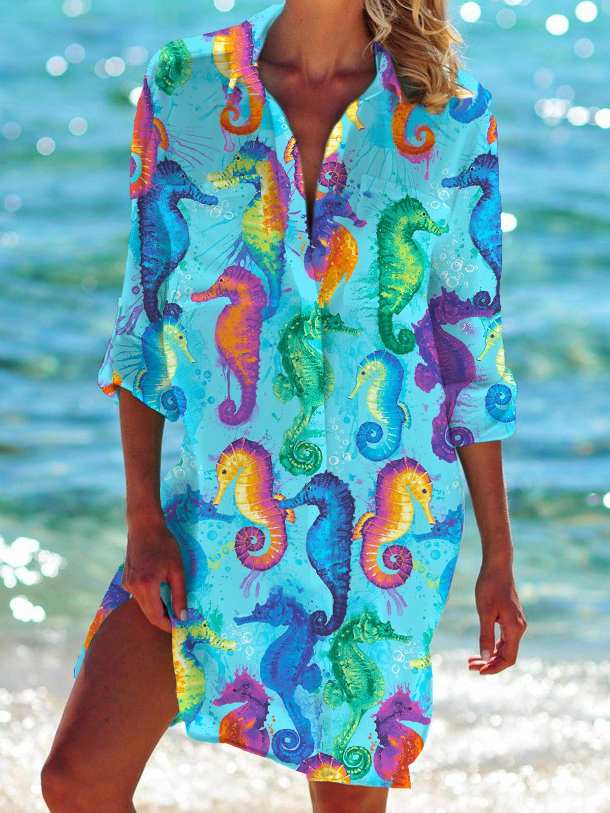 Ocean Seahorses Print Long Sleeve Beach Shirt Dress