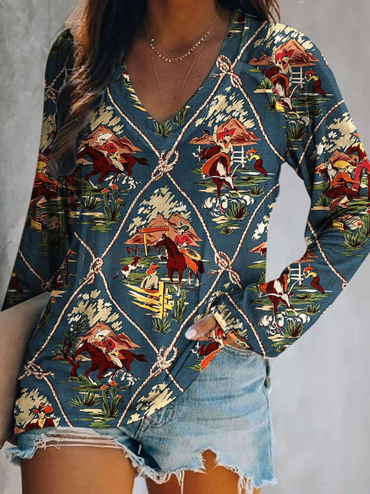 Women's Western Printed V-Neck Long Sleeve Top