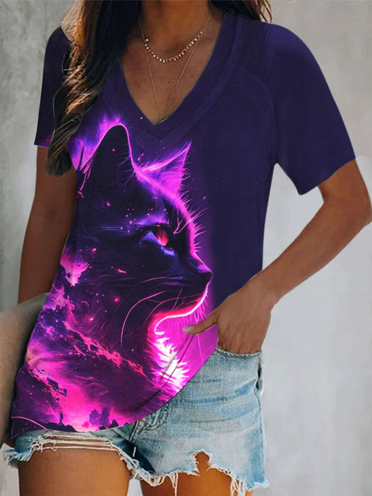 Cat Print Short Sleeve V Neck Top