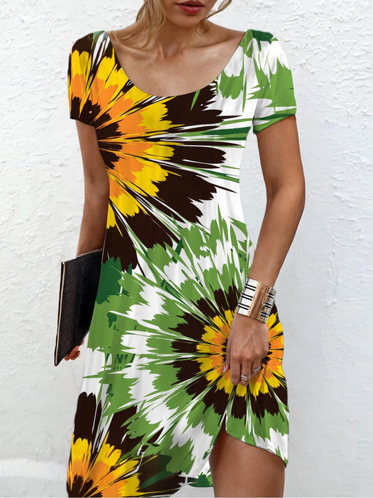 Abstract Sunflower Print Short Sleeve Crew Neck Dress