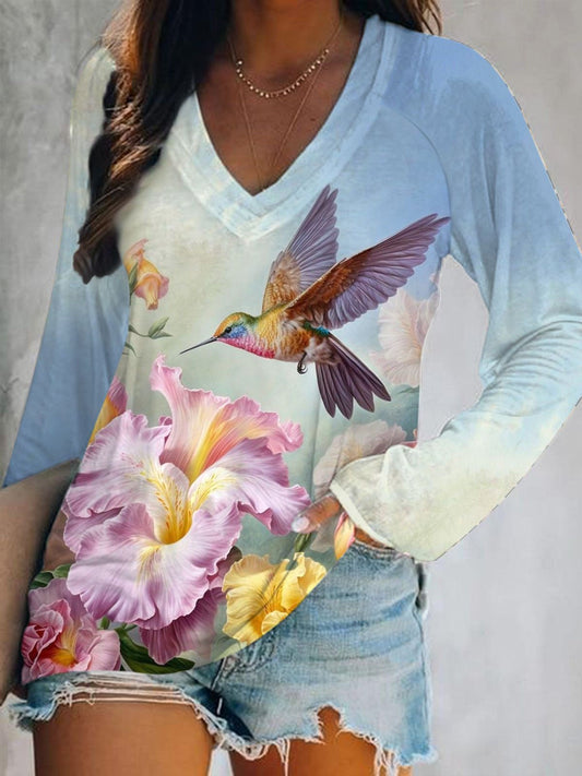 Floral Bird Print V-Neck Long Sleeve Top