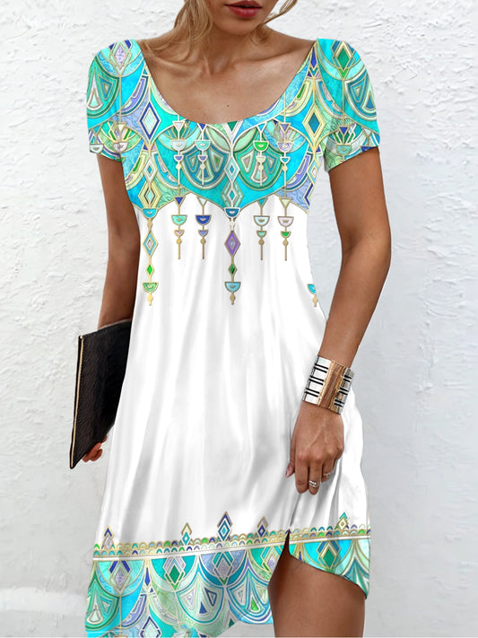 Geometric Print Short Sleeve Crew Neck Dress