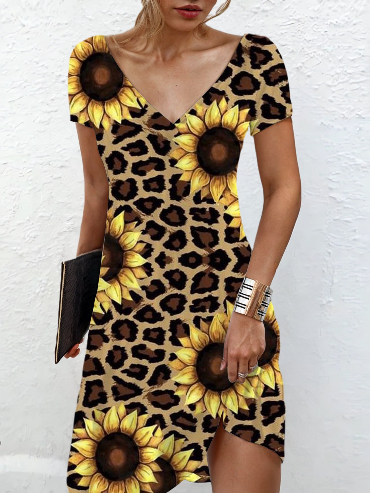 Sunflower Leopard Print V-neck Short Sleeves Dress