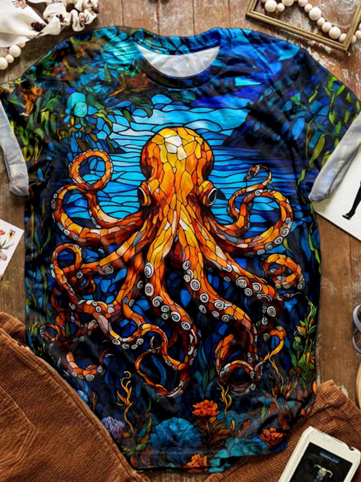 Stained Glass Octopus Crew Neck T-shirt