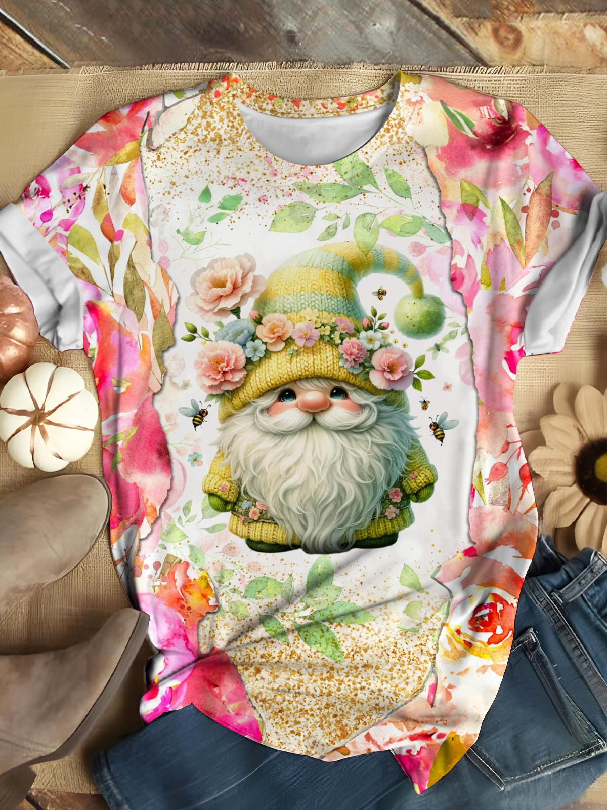 Carnation Flower Bee Gnome Crew Neck T-shirt