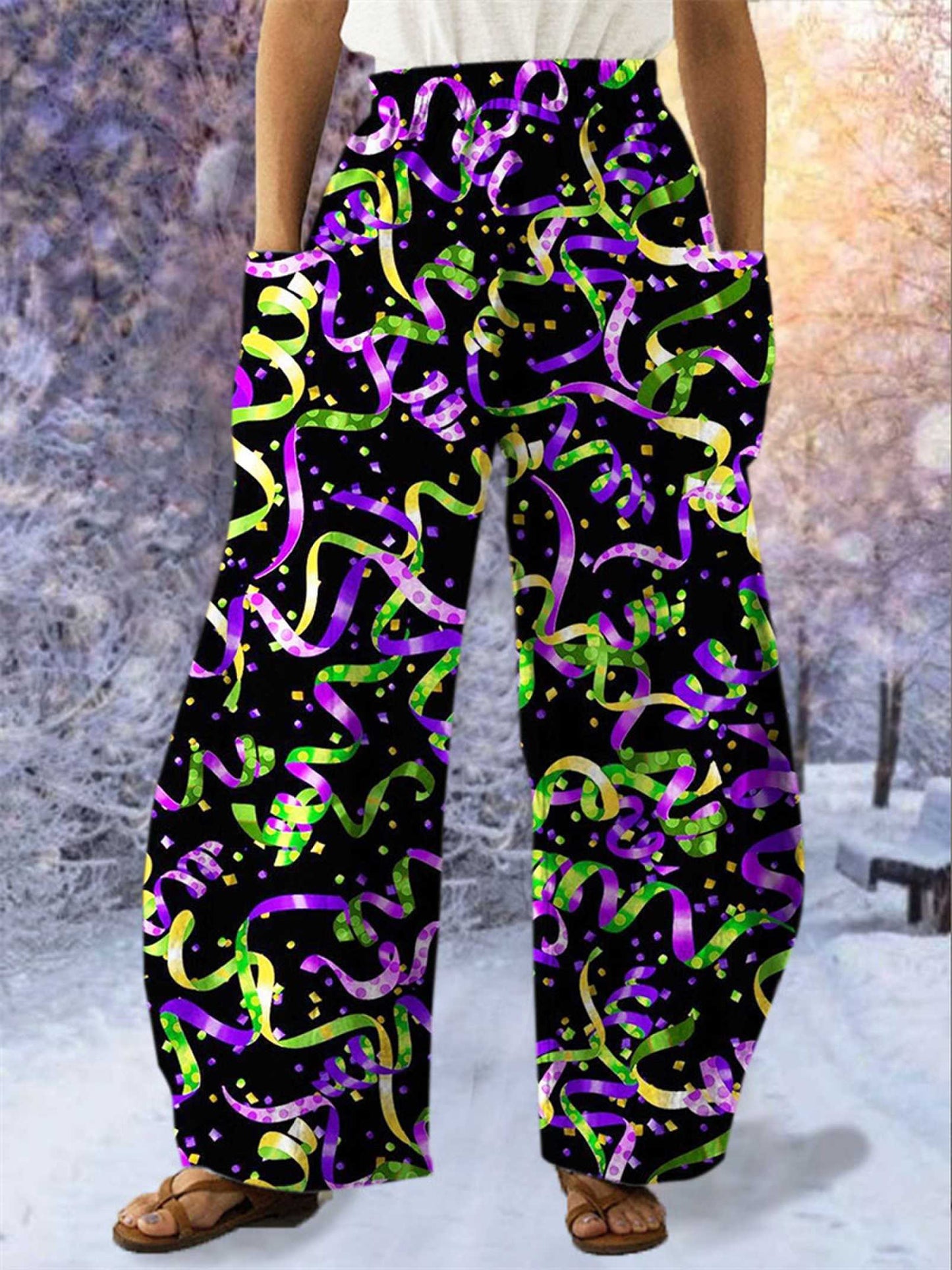 Mardi Gras Ribbon Print Casual Pants