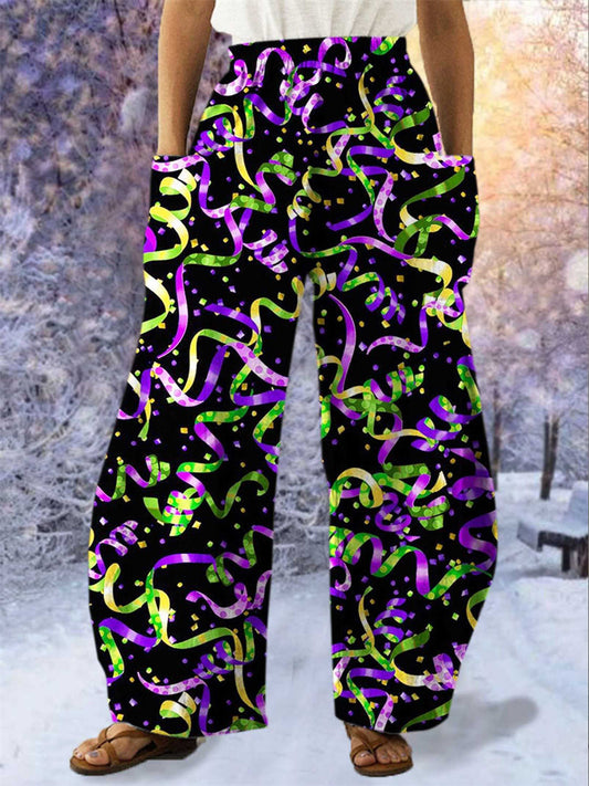 Mardi Gras Ribbon Print Casual Pants