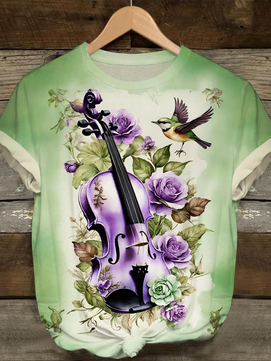 Purple Violin Floral Bird Crew Neck T-shirt