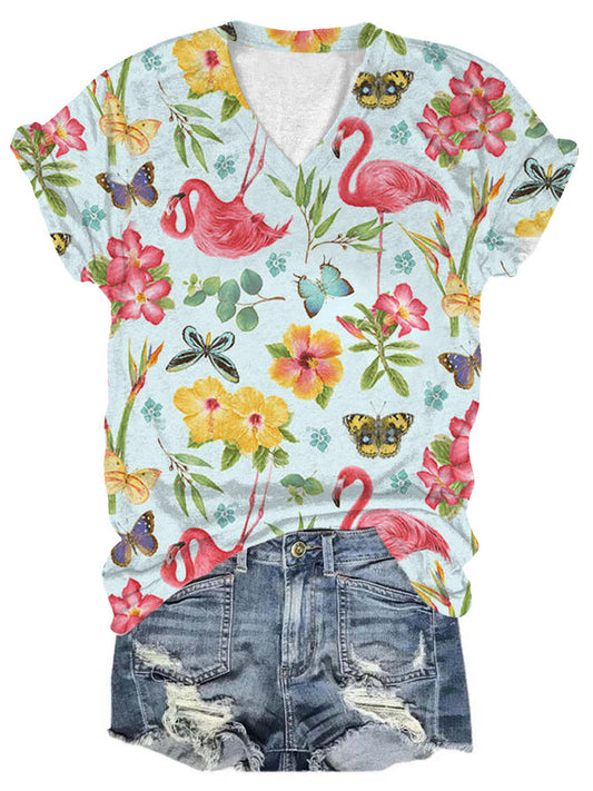 Paradise Flamingo Short Sleeve V-Neck T-Shirt