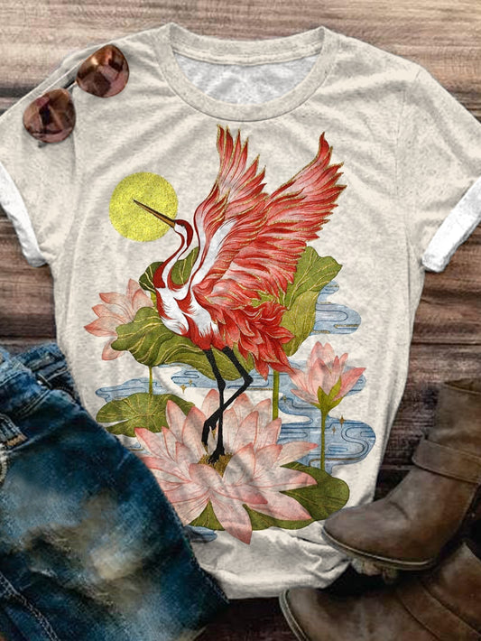 Red-Crowned Crane Print Crew Neck T-shirt