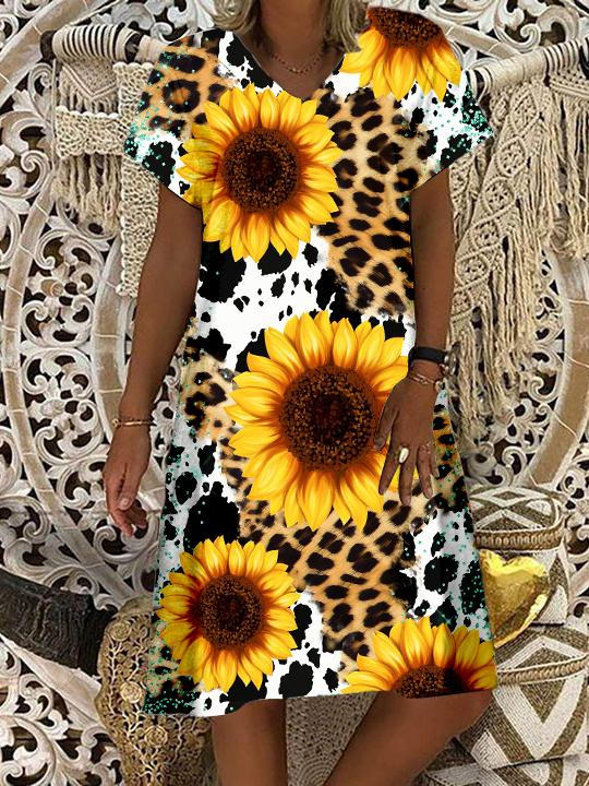 Sunflower Leopard Print V-Neck Short Sleeve Dress