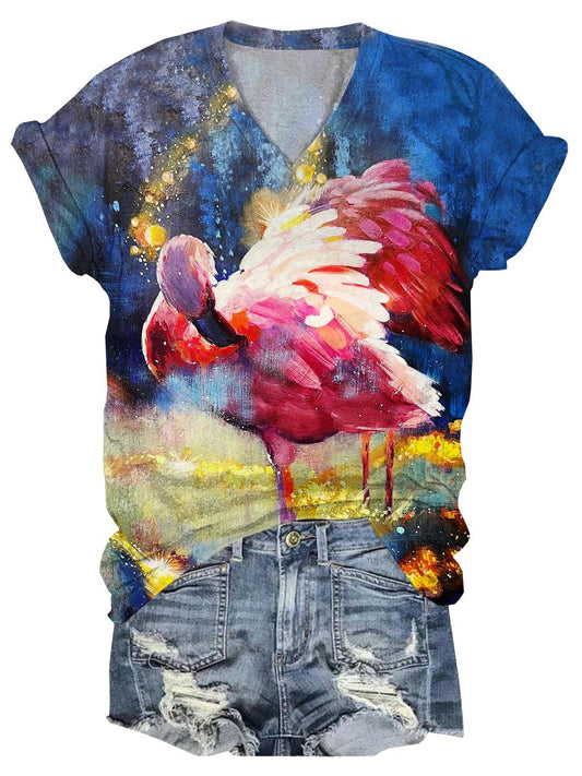 Flamingo Art Painting V-Neck Short Sleeve T-Shirt