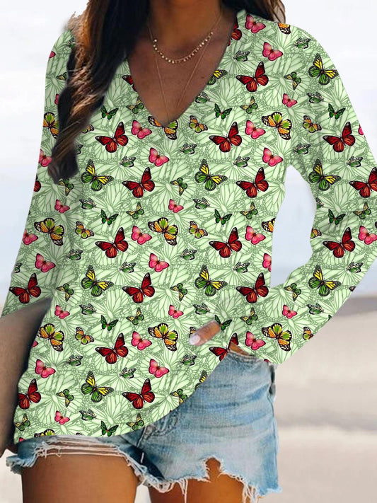 Butterfly Print V-Neck Long Sleeve Top