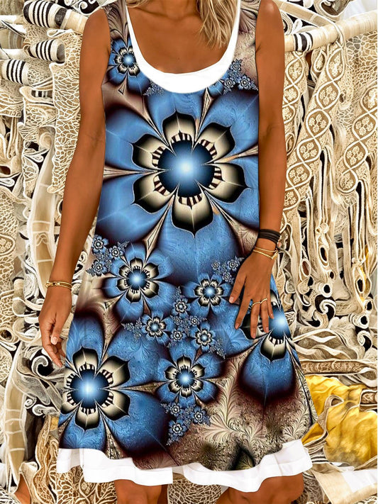 Blue Flower Printed Ladies False Two Dress