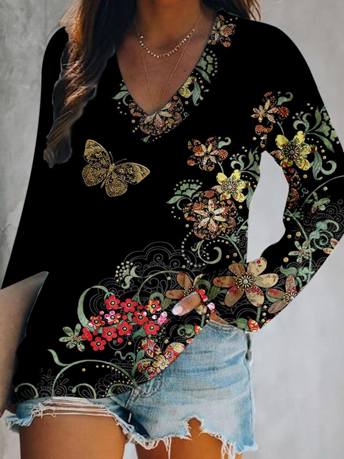 Flower Butterfly Art Print V-Neck Long Sleeve Top