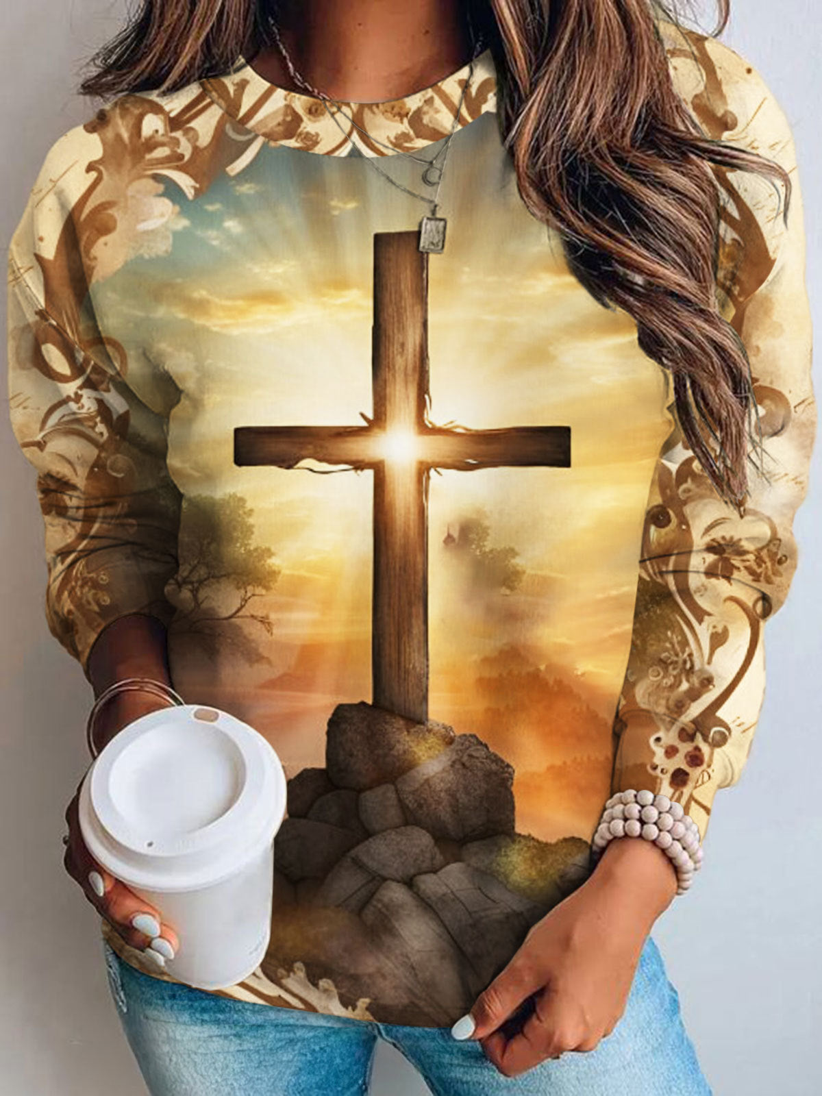 Faith Cross Print Long Sleeve Top