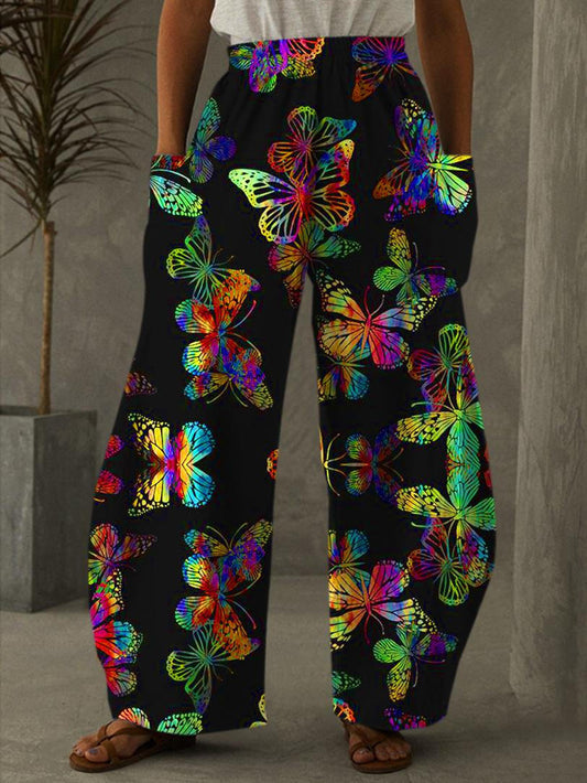 Neon Color Butterfly Print Casual Pants