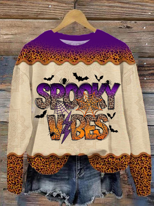 Spooky Vibes Print Round Neck Long Sleeve Top