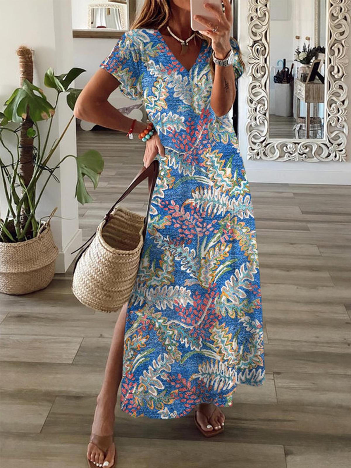 Vintage Leaf Short Sleeve V Neck Maxi Dress