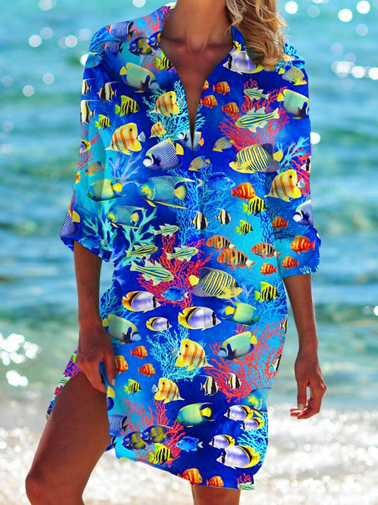 Deep Sea Fish Long Sleeve Beach Shirt Dress