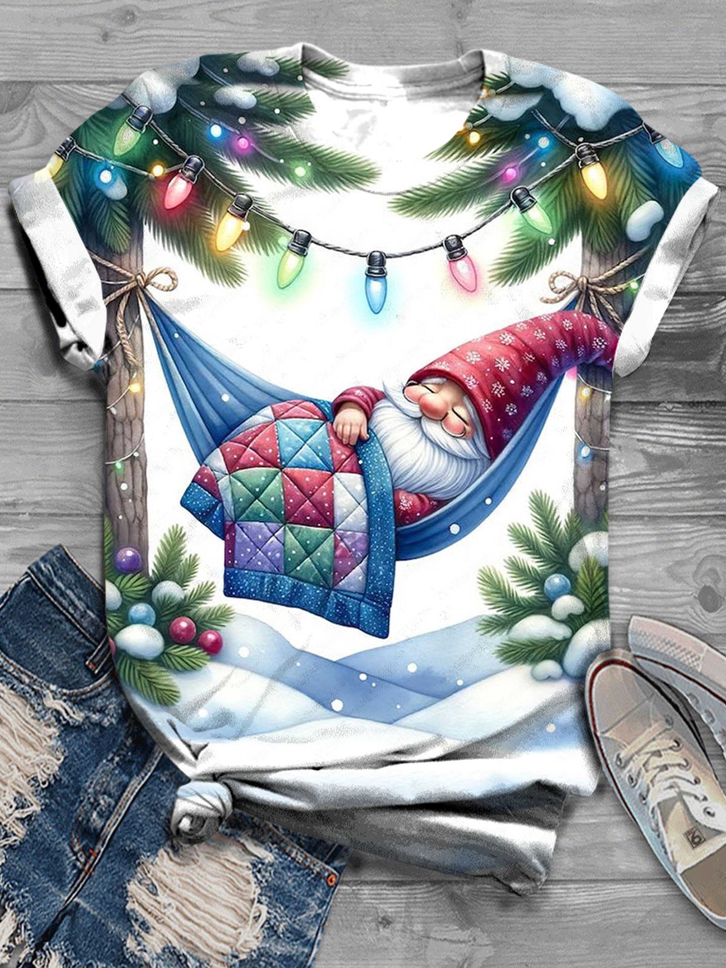 Women's Swing Gnome Print Crew Neck T-Shirt