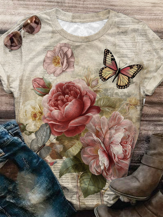 Floral and Butterfly Vintage Print Crew Neck T-Shirt