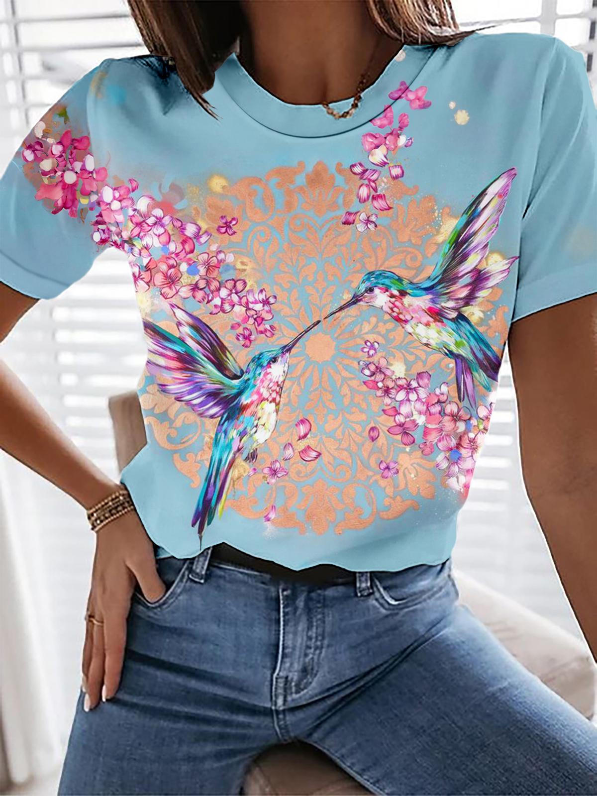 Pink Flower Hummingbirds Crew Neck T-shirt