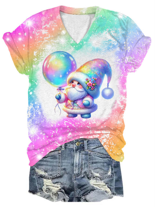 Colorful Balloon Gnome Print V-Neck T-Shirt