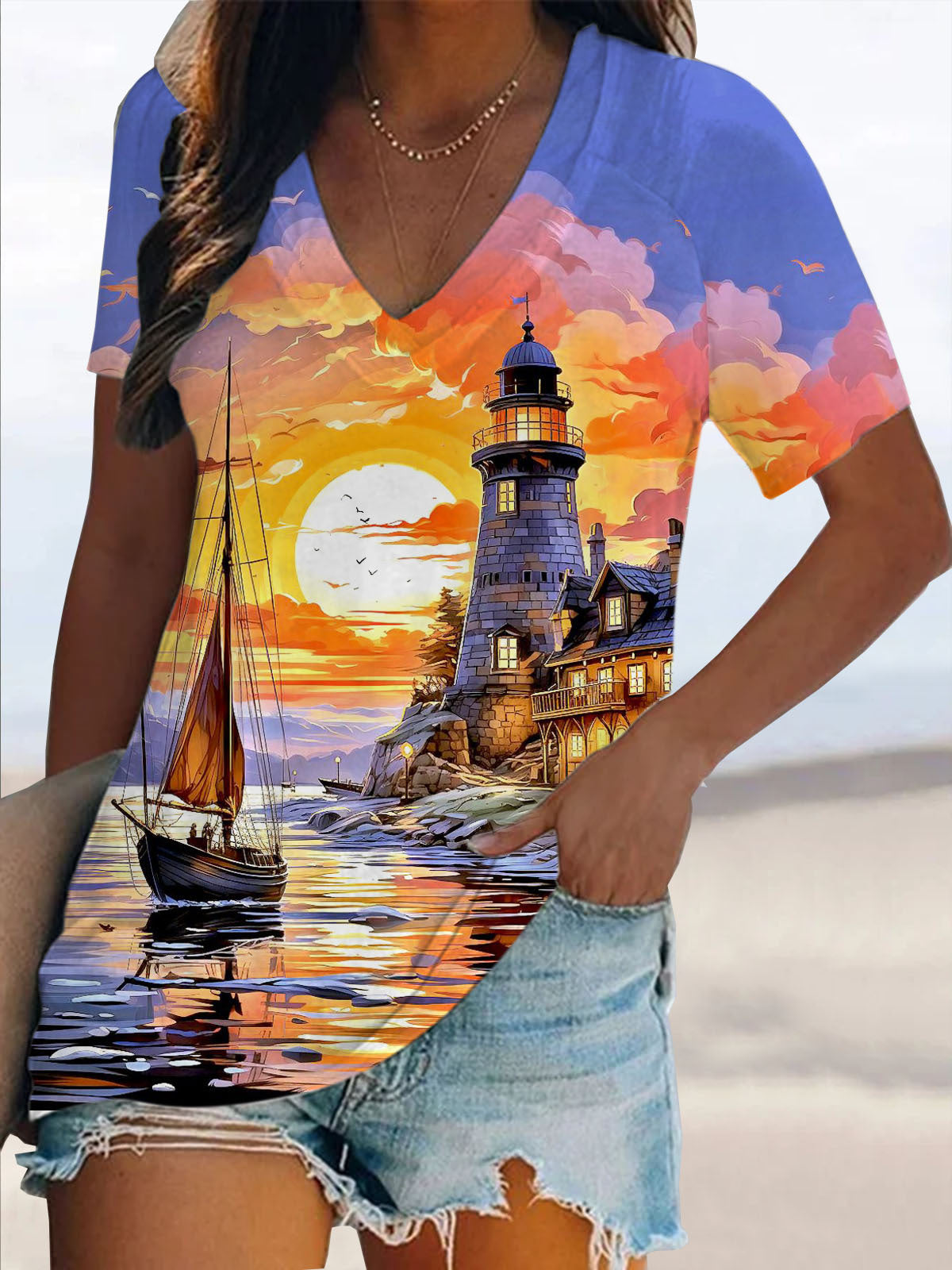 Lighthouse Boat And Sunset Print Short Sleeve V Neck Print Top