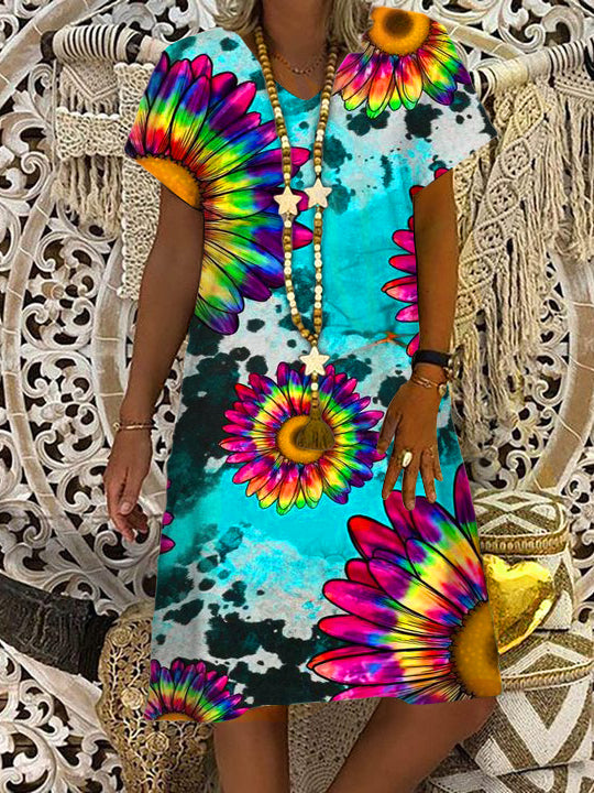 Sunflower Tie Dye Print V Neck Short Sleeve Dress