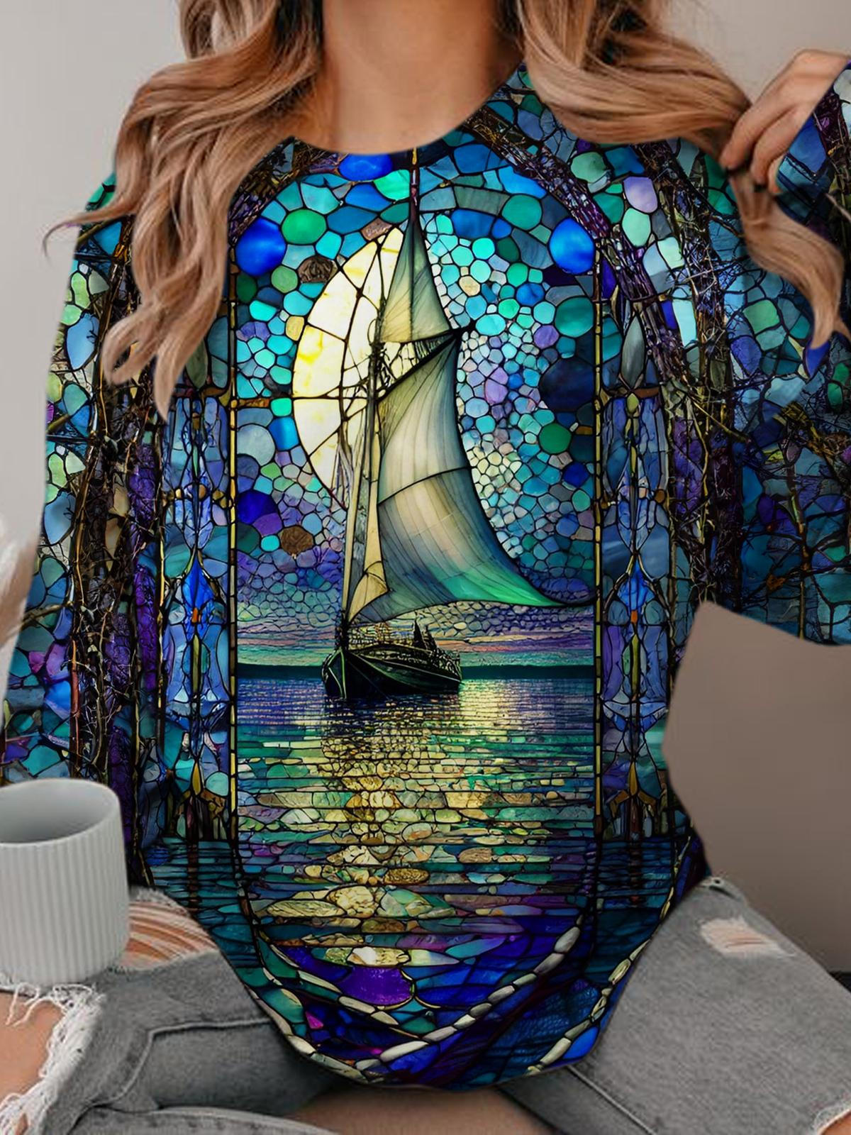 Stained Glass Moon Boat Long Sleeve Top