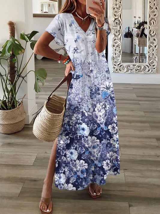 Gradient Flower Short Sleeve V Neck Maxi Dress