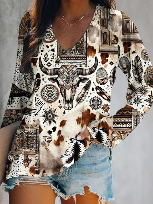 Boho Cow Skulls Western Print V-Neck Long Sleeve Top