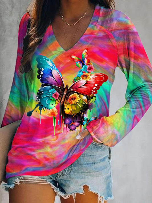 Butterflies Print V-Neck Long Sleeve Top