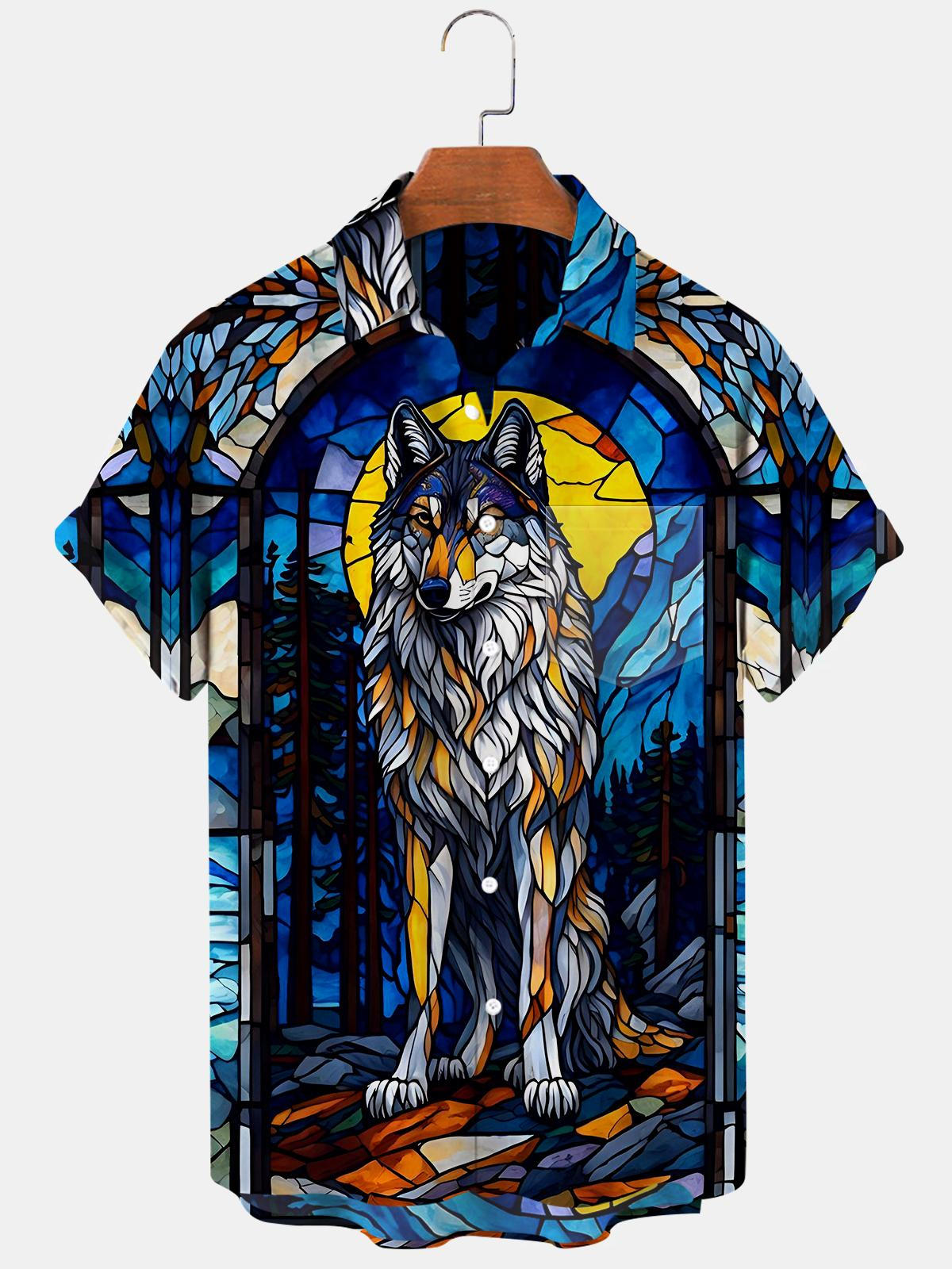 Wolf Short Sleeve Men's Shirts With Pocket