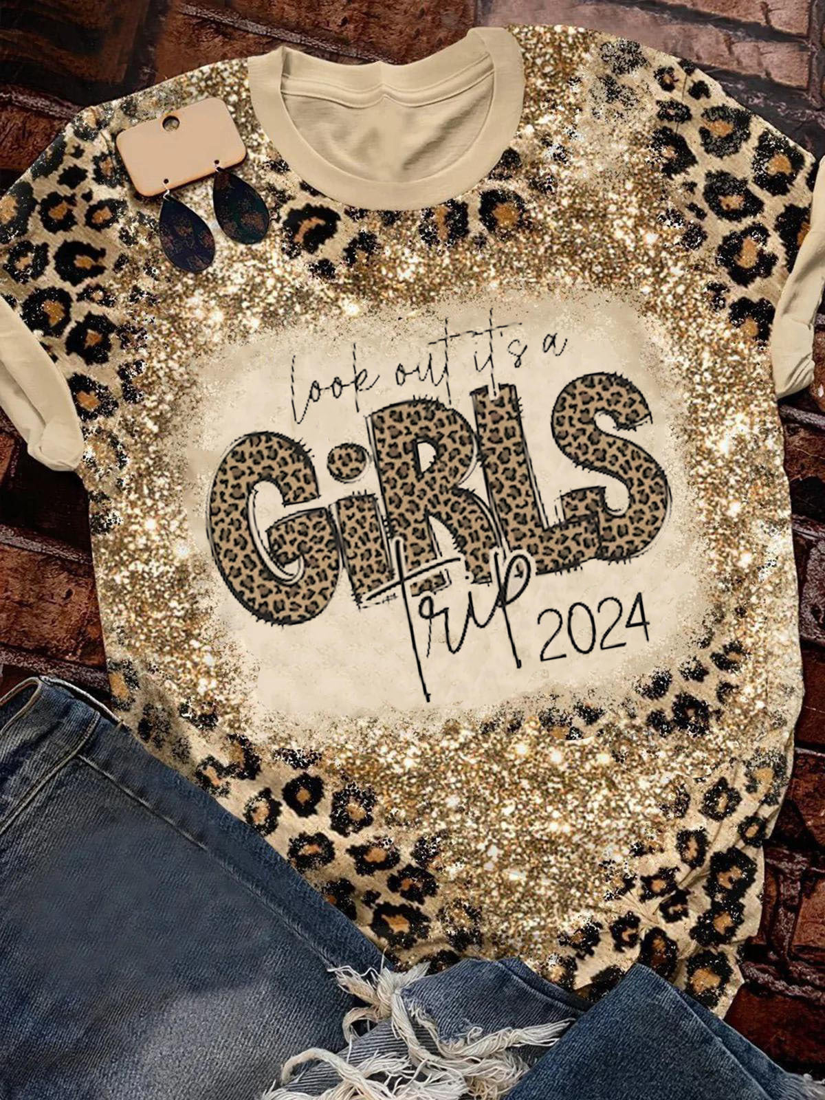 Girls Tripl Leopard Print Crew Neck T-Shirt