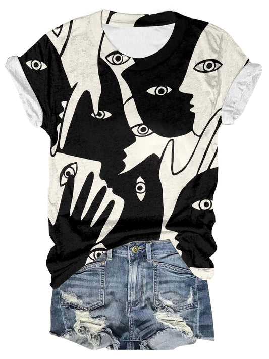 Abstract Facial Print Crew Neck T-shirt