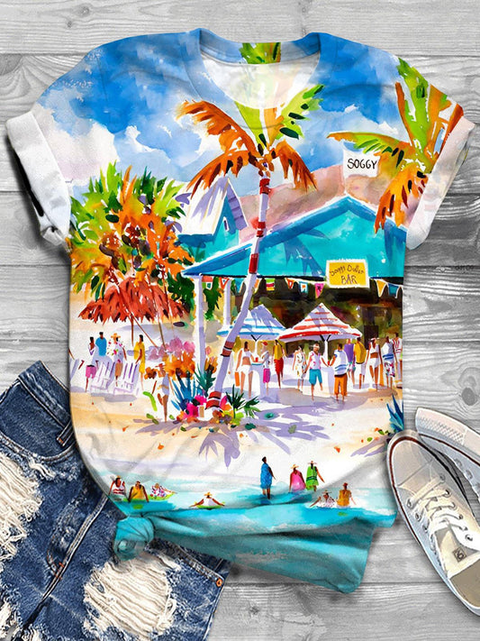 Holiday Beach Print Crew Neck T-shirt