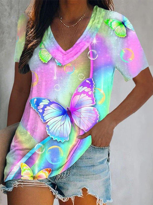 Gradient Butterfly V Neck T-shirt