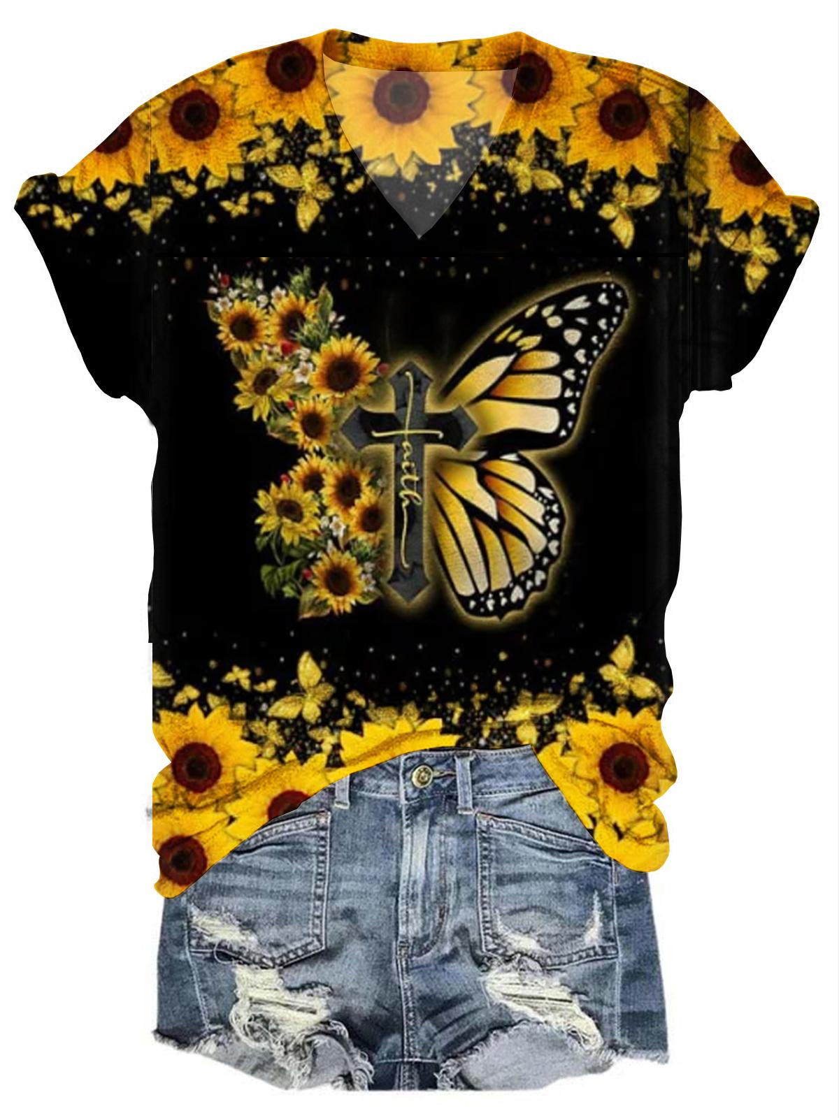 Sunflower Butterfly V Neck T-Shirt