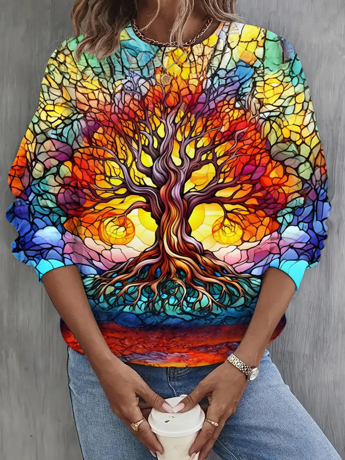 Tree of Life Print Long Sleeve Casual Top