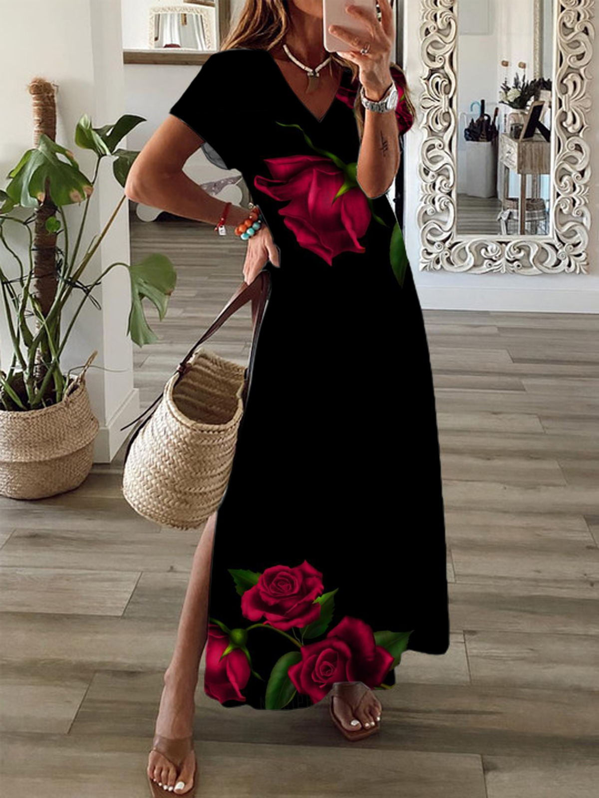 Rose Short Sleeve V Neck Maxi Dress