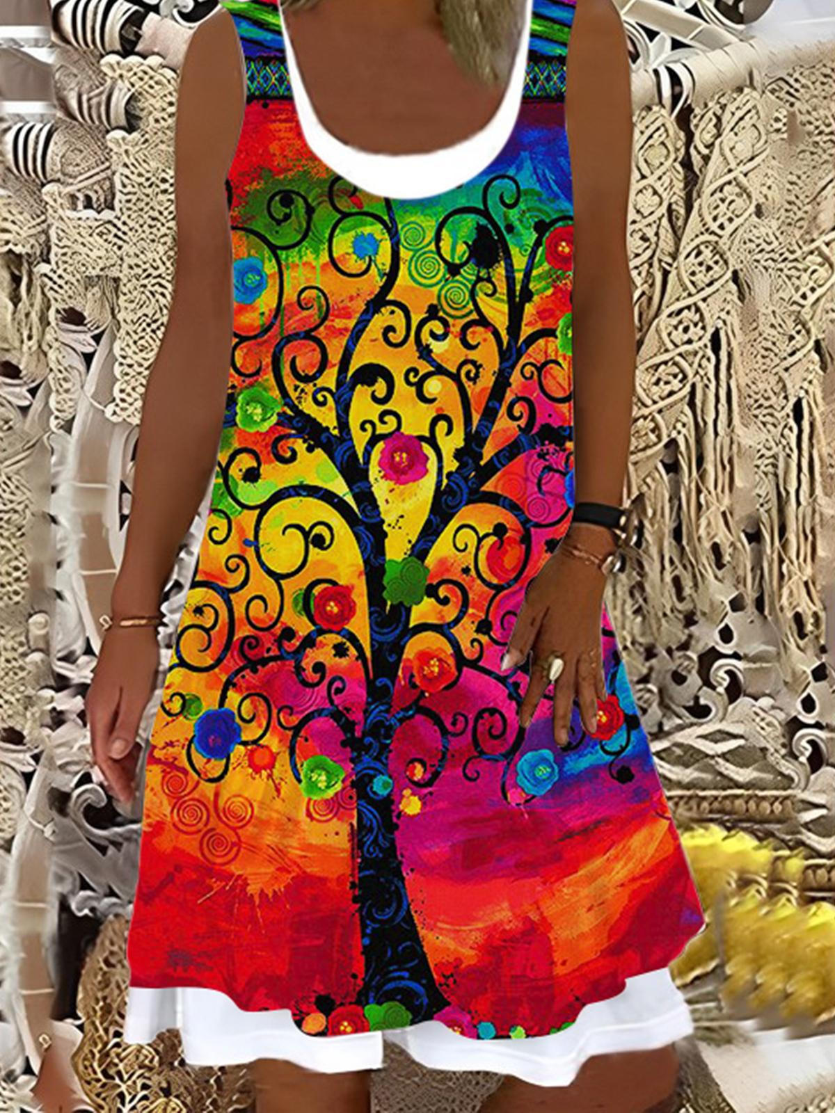 Colorful Tree Print False Two Dress