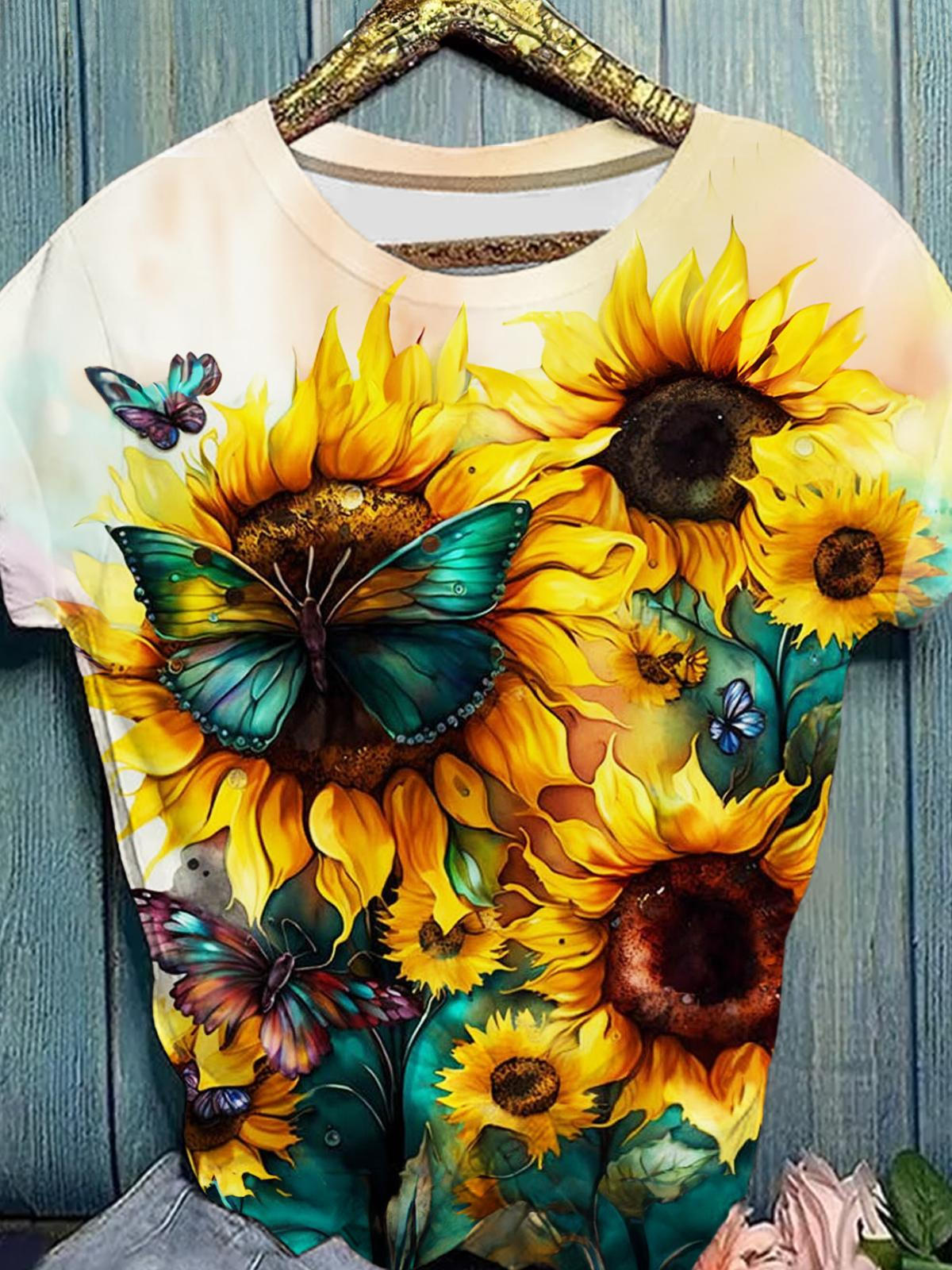 Women's Sunflower Butterfly Print Casual Top